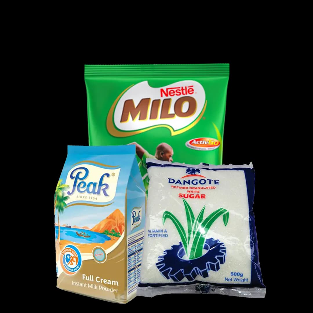 image of Big Tea Bundle - Milo Refill 800g, Peak Milk 800g, Dangote White Sugar 500g